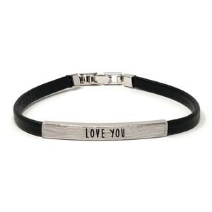 Love You Bar Leather Bracelet (Silver / Black)